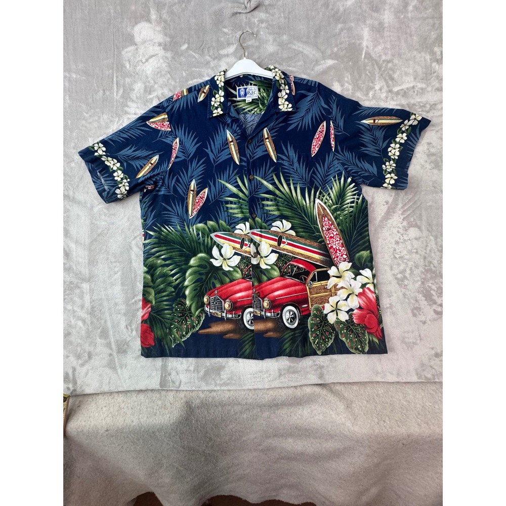 RJC Hawaiian Shirt Mens XL Navy Blue Woody Car Surfboard Tropical Made in Hawaii